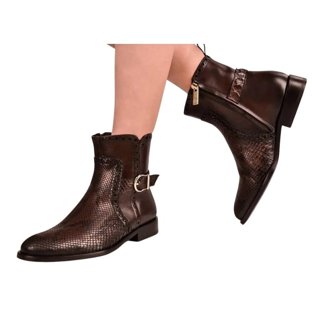 Franco Cuadra Women's Us 10 Mex 27 Brown Python Snake Skin Leather Ankle Boots